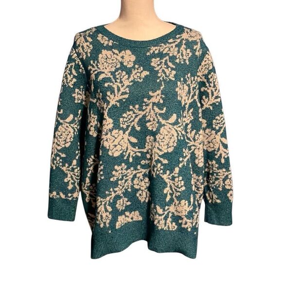 Croft & Barrow Floral Knit Long Sleeve Pullover Sweater Teal White Plus Size 2X - Picture 1 of 6